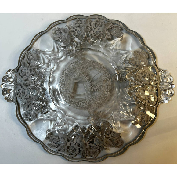 Silver City 25th Anniversary Glass Handled W/Silver Floral Overlay Cake Plate - Picture 5 of 5